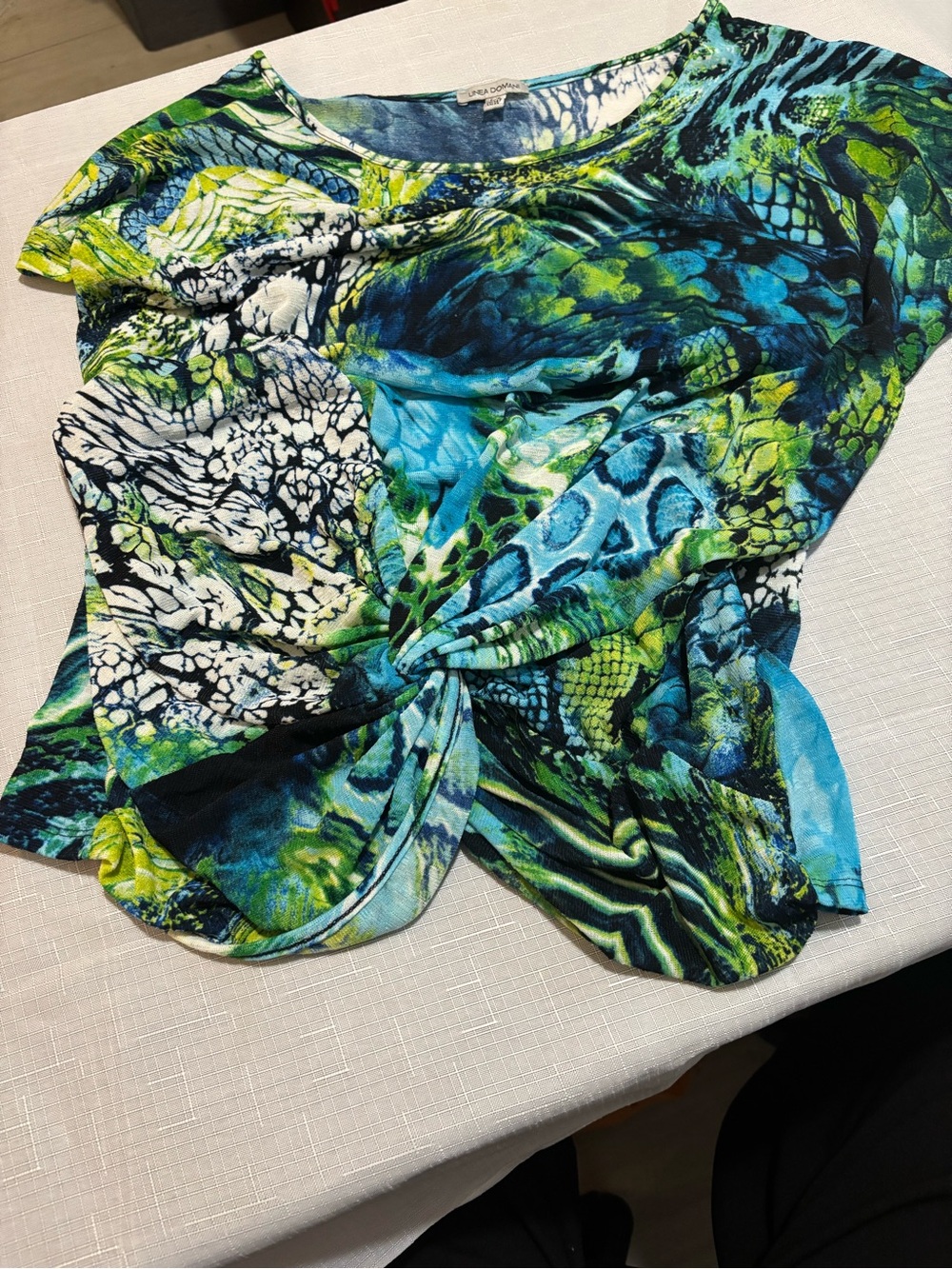 Linea Domani Blue Green Abstract Animal Print Twist Front Top L